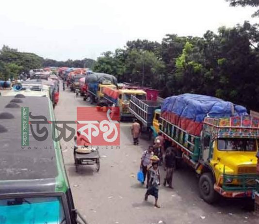 দৌলতদিয়া ঘাটে পারের অপেক্ষায় কয়েক শ পণ্যবাহী ট্রাক
