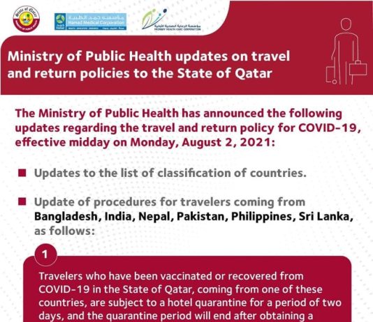 কাতারে কোয়ারেন্টাইনের নতুন নীতিমালা ঘোষণা।
